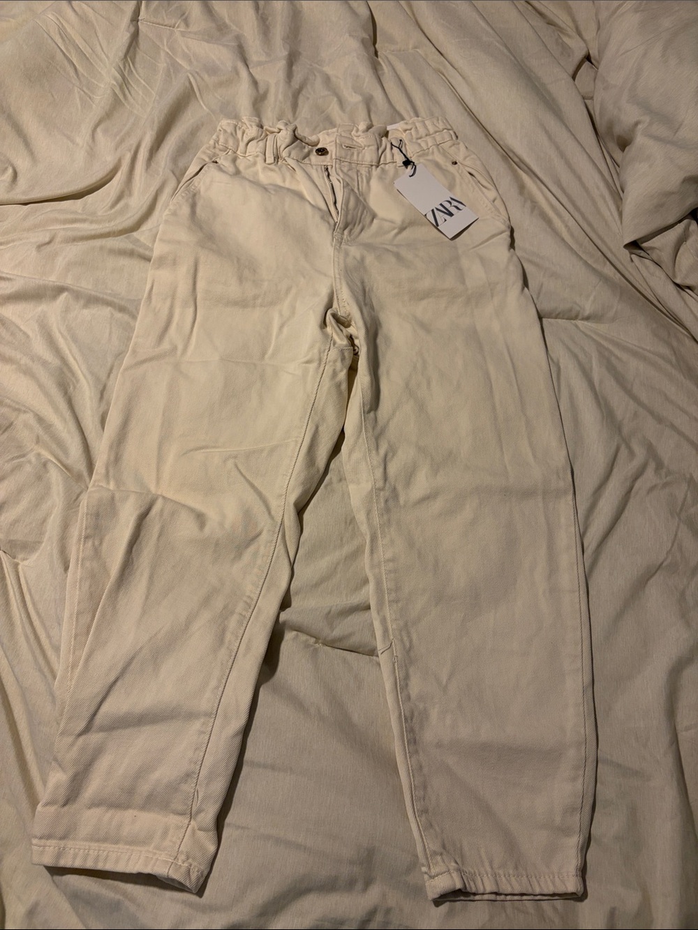 ZARA Men Cream Paperbag-Waist Chinos